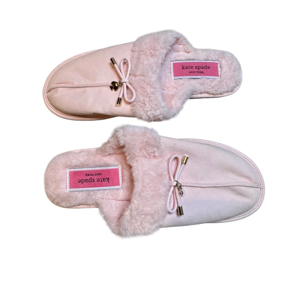 Kate Spade Lacey Pink Faux Fur Bow Slippers Women's‎ Size 9B